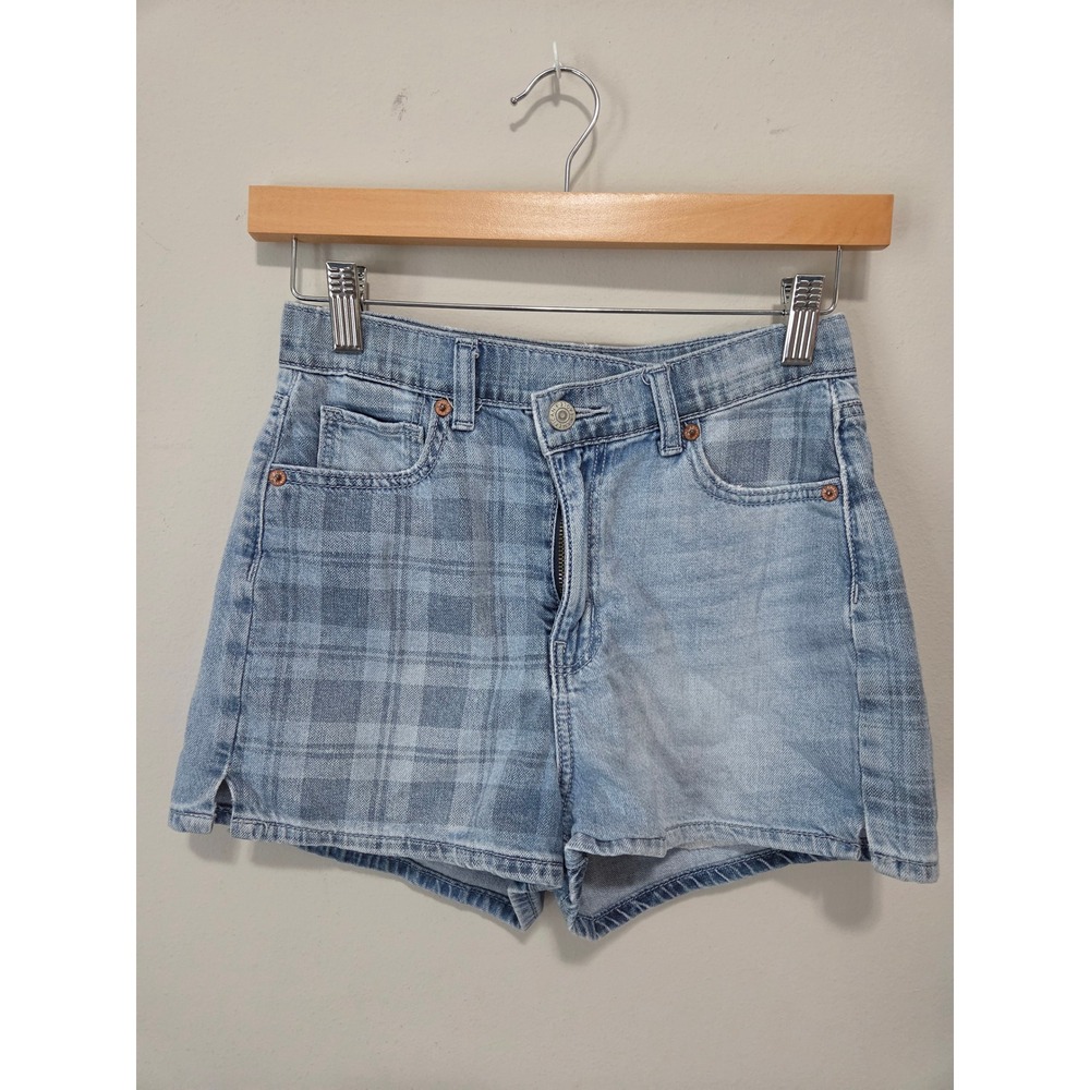 American Eagle Highest Rise Mom Shorts Light Wash Plaid Denim Blue Womens 00